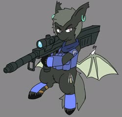 Size: 2048x1970 | Tagged: safe, alternate version, artist:omegapony16, oc, oc only, bat pony, pony, armor, bat pony oc, bat wings, clothes, colored, ear piercing, earring, featureless crotch, gray background, gun, hoof hold, jewelry, male, piercing, pubic fluff, scarf, simple background, solo, stallion, unshorn fetlocks, vest, weapon, wings