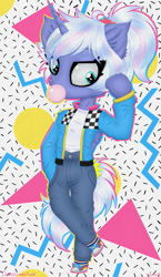 Size: 1735x3000 | Tagged: safe, artist:darkest-lunar-flower, oc, oc only, oc:lilith p. lumonox, alicorn, anthro, 80s, abstract background, anthro oc, memphis-milano, offspring, parent:oc:lux, parent:princess luna, parents:canon x oc