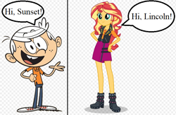 Size: 736x479 | Tagged: safe, artist:jake555555555, sunset shimmer, human, equestria girls, g4, crossover, female, lincoln loud, male, speech bubble, the loud house, vector