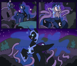 Size: 3408x2932 | Tagged: safe, artist:slimewiz, nightmare moon, princess luna, alicorn, pony, g4, animated, commission, corrupted, female, helmet, high res, mare, night, tentacles, transformation