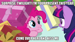 Size: 1080x608 | Tagged: safe, edit, edited screencap, screencap, pinkie pie, twilight sparkle, alicorn, pony, g4, the great escape room, caption, female, image macro, lesbian, meme, present, ship:twinkie, shipping, text, twilight sparkle (alicorn)