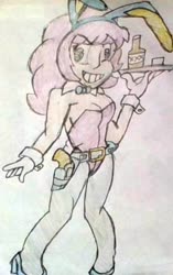 Size: 806x1280 | Tagged: safe, artist:midday sun, kotobukiya, pinkie pie, human, g4, alcohol, breasts, bunny ears, bunny girl, bunny suit, clothes, colored pencil drawing, cuffs (clothes), female, gloves, gun, gun holster, handgun, high heels, holster, hotblooded pinkie pie, humanized, kotobukiya pinkie pie, pistol, revolver, shoes, solo, tights, traditional art, weapon