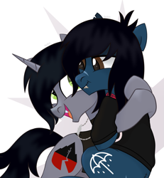 Size: 2349x2537 | Tagged: safe, artist:qehvi, pony, undead, unicorn, zombie, zombie pony, bring me the horizon, chipped tooth, clothes, commission, disguise, disguised siren, fangs, gay, glasgow smile, happy, high res, horn, hug, jewelry, kellin quinn, male, necklace, oliver sykes, open mouth, ponified, scar, shipping, shirt, simple background, sleeping with sirens, slit pupils, smiling, stallion, stitches, t-shirt, tattoo, torn ear, white background, ych result