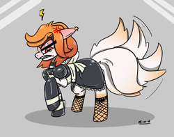 Size: 1664x1314 | Tagged: safe, artist:n-o-n, oc, oc only, pony, angry, annoyed, art trade, clothes, dress, fishnet stockings, gloves, latex, latex suit, maid, rubber, trade, uniform