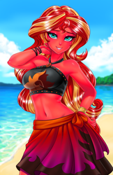 Size: 800x1237 | Tagged: safe, artist:racoonsan, color edit, edit, editor:drakeyc, sunset shimmer, equestria girls, equestria girls series, forgotten friendship, adorasexy, armpits, beach, beach babe, beautiful, beautisexy, belly button, bikini, bikini babe, black swimsuit, bracelet, breasts, busty sunset shimmer, clothes, cloud, colored, cute, cutie mark swimsuit, female, geode of empathy, hand on hip, jeweled swimsuit, jewelry, looking at you, magical geodes, midriff, necklace, praise the sunset, sand, sarong, sexy, shimmerbetes, skin color edit, sky, sleeveless, smiling, solo, stupid sexy sunset shimmer, summer sunset, sunburn, sunset satan, sunset selfie, swimsuit, water