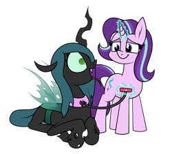 Size: 1443x1297 | Tagged: safe, artist:moonatik, queen chrysalis, starlight glimmer, changeling, changeling queen, pony, unicorn, g4, behaving like a dog, chrysub, collar, commission, cutie mark, fangs, female, hypnosis, hypnotized, leash, mare, missing accessory, open mouth, open smile, pet play, punish the villain, punishment, simple background, smiling, swirly eyes, teeth, tongue out, transparent background