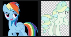 Size: 403x212 | Tagged: artist needed, safe, rainbow dash, vapor trail, pegasus, pony, g4, background pony strikes again, female, google images, looking at each other, mare, meta, show accurate