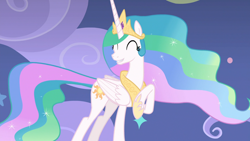 Size: 1920x1080 | Tagged: safe, screencap, princess celestia, alicorn, pony, g4, horse play, ^^, beautiful, cheerful, chestplate, crown, cute, cutelestia, ethereal mane, ethereal tail, eyes closed, female, flowing tail, folded wings, grin, hoof shoes, jewelry, mare, multicolored mane, multicolored tail, raised hoof, regalia, smiling, solo