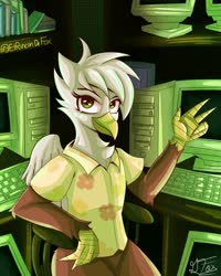 Size: 1280x1600 | Tagged: safe, artist:thedamneddarklyfox, oc, oc only, oc:mizzy, griffon, clothes, computer, crt monitor, griffon oc, looking at you, shirt, solo, wings