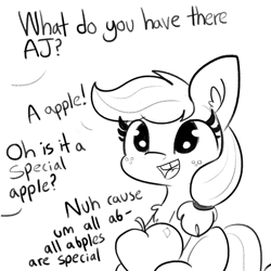 Size: 2250x2250 | Tagged: safe, artist:tjpones, applejack, earth pony, pony, comic:fillies, g4, abple, apple, appul, chest fluff, cute, dialogue, female, filly, filly applejack, food, grayscale, high res, hnnng, jackabetes, lineart, lisp, monochrome, offscreen character, open mouth, simple background, solo, stuttering, that pony sure does love apples, tjpones is trying to murder us, tooth gap, um, weapons-grade cute, white background, younger