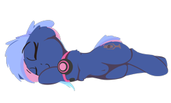 Size: 2500x1500 | Tagged: safe, artist:rhythmpixel, oc, oc only, oc:bit rate, earth pony, pony, belly button, female, headset, lineless, mare, simple background, sleeping, solo, transparent background
