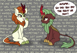 Size: 2020x1399 | Tagged: safe, artist:banquo0, autumn blaze, cinder glow, summer flare, kirin, awwtumn blaze, cinder glow is not amused, cute, dialogue, done with your shit, duo, female, mare, motormouth, obscured text, simple background, sitting, speech bubble, talkative, text