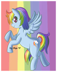 Size: 1000x1250 | Tagged: safe, artist:megubunnii, rainbow dash, pegasus, pony, g4, cute, dashabetes, female, looking at you, mare, profile, rainbow background, solo, spread wings, wings
