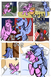 Size: 700x1049 | Tagged: safe, artist:noxi1_48, pony, bed, commission, couple, cute, eating, funny, happy, hug, love, reunion, suitcase, ych example, your character here