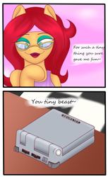 Size: 1816x2977 | Tagged: safe, artist:spk, oc, oc only, oc:vivian cereza, earth pony, pony, apron, bait and switch, clothes, comic, double entendre, female, gameboy advance, gameboy advance sp, glasses, innuendo, nintendo, solo