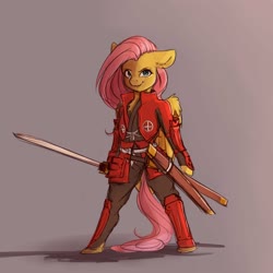 Size: 4000x4000 | Tagged: safe, artist:miokomata, fluttershy, pegasus, semi-anthro, g4, anime reference, arm hooves, badass, drifter (anime), fangs, female, floppy ears, flutterbadass, freckles, freckleshy, looking at you, mare, open mouth, shimazu toyohisa, simple background, solo, sword, weapon