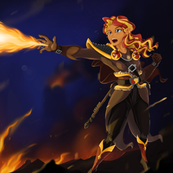 Size: 2048x2048 | Tagged: safe, artist:qzygugu, sunset shimmer, equestria girls, g4, blast, clothes, female, fiery shimmer, fire, high res, magic, magic blast, open mouth, solo