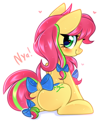 Size: 3490x4105 | Tagged: safe, artist:pesty_skillengton, oc, oc only, oc:linseed, earth pony, pony, bow, chibi, cute, dock, earth pony oc, female, hair bow, heart, heart eyes, high res, mare, nya, ocbetes, solo, tail, tail bow, wingding eyes