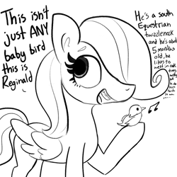 Size: 2250x2250 | Tagged: safe, artist:tjpones, fluttershy, bird, pegasus, pony, comic:fillies, g4, adorkable, braces, cute, dialogue, dork, female, filly, filly fluttershy, high res, monochrome, music notes, nerd, open mouth, shyabetes, simple background, that pony sure does love animals, white background, younger