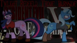 Size: 1280x720 | Tagged: safe, artist:killkatt, trixie, twilight sparkle, pony, unicorn, g4, blushing, clothes, cutie mark, digital art, female, horn, looking at each other, mare, resident evil, tail, unicorn twilight