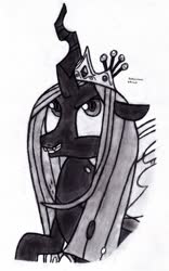 Size: 1024x1644 | Tagged: safe, artist:drchrisman, queen chrysalis, changeling, changeling queen, g4, female, jewelry, regalia, solo