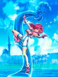 Size: 3101x4141 | Tagged: safe, artist:mauroz, pinkie pie, human, g4, alternate hairstyle, anime, armpits, battle suit, belly button, breasts, busty pinkie pie, city, cloud, cutie mark, humanized, hydrokinesis, ice, open mouth, sky, water