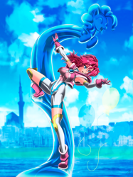 Size: 3101x4141 | Tagged: safe, artist:mauroz, pinkie pie, human, g4, alternate hairstyle, anime, armpits, battle suit, belly button, breasts, busty pinkie pie, city, cloud, cutie mark, humanized, ice, magical girl, open mouth, sky, water