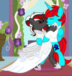 Size: 3496x3688 | Tagged: safe, artist:lindagemdream, oc, oc only, oc:adrian the inkling, oc:scarlet spray, alicorn, earth pony, pegasus, pony, alicorn oc, base used, bipedal, blushing, clothes, couple, dress, earth pony oc, eyes closed, female, high res, horn, kissing, male, mare, marriage, married couple, oc x oc, shipping, stallion, straight, wedding, wedding dress, wings, youtuber