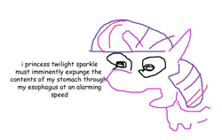 Size: 836x528 | Tagged: safe, artist:replica, twilight sparkle, alicorn, pony, g4, 1000 hours in ms paint, female, implied vomit, increasingly verbose memes, mare, meme, sesquipedalian loquaciousness, simple background, solo, stylistic suck, text, twilight sparkle (alicorn), verbose meme, white background