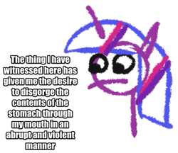 Size: 601x520 | Tagged: safe, artist:jargon scott, twilight sparkle, alicorn, pony, g4, 1000 hours in ms paint, bust, female, implied vomit, increasingly verbose memes, mare, meme, sesquipedalian loquaciousness, simple background, solo, stick figure, stylistic suck, text, twilight sparkle (alicorn), verbose meme, white background