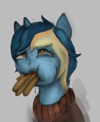 Size: 603x740 | Tagged: safe, artist:jellymaggot, oc, oc only, oc:closed book, pony, unicorn, 4chan, bust, churros, clothes, drawthread, food, gentlemen, simple background, solo, sweater, teary eyes
