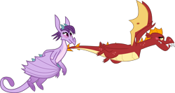 Size: 7500x4000 | Tagged: safe, alternate version, artist:melisareb, garble, prominence, dragon, between dark and dawn, g4, .svg available, absurd resolution, blushing, duo, female, flying, inkscape, looking at you, male, ship:garbinence, shipping, simple background, straight, transparent background, vector