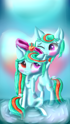 Size: 1000x1779 | Tagged: safe, artist:tranvybang123456789, oc, oc only, earth pony, pony, blushing, bow, heart, water