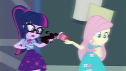 Size: 1280x720 | Tagged: safe, screencap, fluttershy, sci-twi, twilight sparkle, equestria girls, g4, my little pony equestria girls: better together, run to break free, clothes, coffee, coffee cup, cup, duo, female, geode of fauna, geode of telekinesis, glasses, gritted teeth, magical geodes, open mouth, slow motion