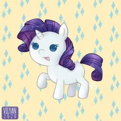 Size: 600x600 | Tagged: safe, artist:vilyann, part of a set, rarity, pony, unicorn, g4, anatomically incorrect, babity, baby, baby pony, blank flank, cute, cutie mark, cutie mark background, female, incorrect leg anatomy, open mouth, raribetes, simple background, solo, yellow background, younger