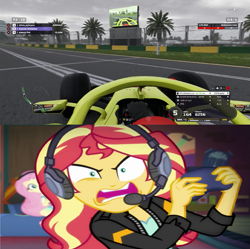 Size: 657x654 | Tagged: safe, edit, edited screencap, screencap, fluttershy, sunset shimmer, equestria girls, equestria girls series, g4, game stream, spoiler:eqg series (season 2), formula 1, formula 1 2019, game, rage, shimmercode, sunset shimmer frustrated at game