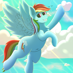 Size: 2000x2000 | Tagged: safe, artist:dracoflames, rainbow dash, pegasus, pony, g4, backwards cutie mark, belly, belly button, cloud, cloudy, female, flying, high res, looking at you, sky, smiling, solo