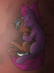 Size: 2010x2688 | Tagged: safe, artist:somber, tempest shadow, oc, pegasus, pony, unicorn, g4, bed, canon x oc, cuddling, duo, female, high res, hug, light, male, mare, shadow, sleeping, spooning, stallion