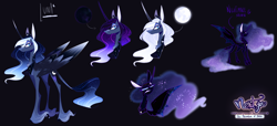 Size: 4000x1817 | Tagged: safe, artist:iheyyasyfox, nightmare moon, princess luna, pony, g4, alternate hairstyle, concave belly, long legs, reference sheet, slender, thin