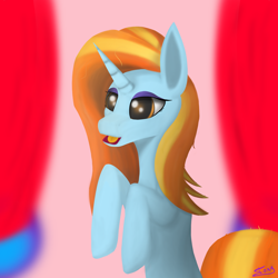 Size: 5000x5000 | Tagged: safe, sassy saddles, pony, unicorn, g4, absurd resolution, boutique, curtains, female, hooves, lineless, mare, open mouth, simple background, smiling, solo