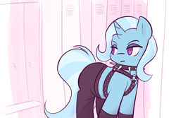 Size: 1181x787 | Tagged: safe, artist:burgeroise, trixie, pony, unicorn, g4, choker, clothes, female, gachimuchi, harness, lockers, looking back, mare, pants, solo, spiked choker, spikes, tack, van darkholme