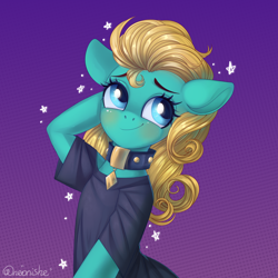 Size: 2000x2000 | Tagged: safe, artist:neonishe, oc, oc only, oc:professor sugarcube, earth pony, pony, blushing, clothes, cute, female, high res, looking away, mare, pet collar, pet tag, shirt, solo, t-shirt