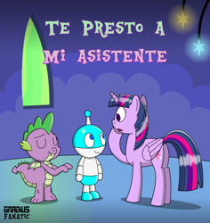 Size: 1714x1819 | Tagged: safe, artist:gradiusfanatic, spike, twilight sparkle, oc, oc:bx-8, alicorn, dragon, pony, robot, fanfic:te presto a mi asistente, g4, butt, cover, fanfic, plot, spanish, spanish text, trio, twilight sparkle (alicorn)