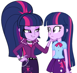 Size: 900x852 | Tagged: safe, artist:sarahalen, twilight sparkle, equestria girls, g4, my little pony equestria girls: rainbow rocks, alternate hairstyle, alternate universe, belt, bowtie, chains, choker, clothes, female, grin, jacket, leather jacket, self paradox, simple background, skirt, smiling, spiked choker, spiked wristband, twolight, white background, wristband