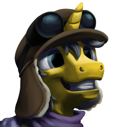 Size: 2000x2000 | Tagged: safe, artist:potes, oc, oc only, oc:raining lead, pony, unicorn, bust, clothes, frostpunk, goggles, gray eyes, gray mane, grey hair, happy, high res, scarf, simple background, smiling, teeth, transparent background, welding goggles, winter hat, winter outfit, yellow coat