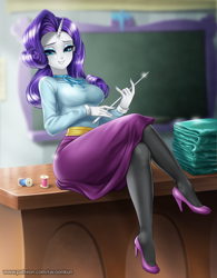 Size: 1000x1281 | Tagged: safe, alternate version, artist:racoonsan, color edit, edit, editor:drakeyc, rarity, anthro, equestria girls, g4, school daze, anime, beautiful, blurry background, breasts, chalkboard, classroom, cloth, clothes, colored, crossed legs, cummerbund, desk, equestria girls-ified, eyelashes, eyeshadow, female, horn, hot for teacher, indoors, legs, looking at you, makeup, nail polish, necktie, pantyhose, pointer, raritights, sash, school of friendship, schoolmarm rarity, sexy, shirt, shoes, sitting, skin color edit, skirt, smiling, socks, solo, spool, stupid sexy rarity, teacher, tight clothing