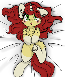 Size: 1681x2000 | Tagged: safe, artist:minty joy, oc, oc only, oc:treble pen, pony, unicorn, bed, blushing, body pillow, body pillow design, cel shading, chest fluff, colored sketch, cute, dakimakura cover, ear fluff, fluffy, love, shading, solo