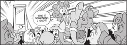 Size: 1766x630 | Tagged: safe, seven seas, pinkie pie, earth pony, pony, g4, my little pony: the manga, my little pony: the manga volume 2, black and white, clothes, execution, female, grayscale, guillotine, male, mare, monochrome, stallion, tied up, unnamed character, unnamed pony, you know for kids