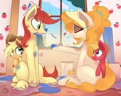 Size: 2482x1971 | Tagged: safe, artist:nevobaster, applejack, big macintosh, bright mac, pear butter, earth pony, pony, g4, apple, apple farm, boop, brightabetes, brush, clothes, colt, colt big macintosh, cute, dork, family, female, filly, filly applejack, food, freckles, group, hat, headband, jackabetes, laughing, macabetes, male, mare, mouth hold, nevobaster is trying to murder us, open mouth, paint, paint bucket, painting, paper hat, parent, pearabetes, ship:brightbutter, shipping, sitting, smiling, stallion, straight, window, younger