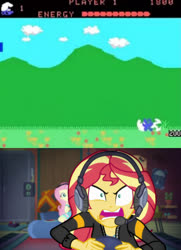 Size: 700x966 | Tagged: safe, edit, edited screencap, screencap, fluttershy, sunset shimmer, equestria girls, g4, game stream, my little pony equestria girls: better together, atari, gamer sunset, smurfs